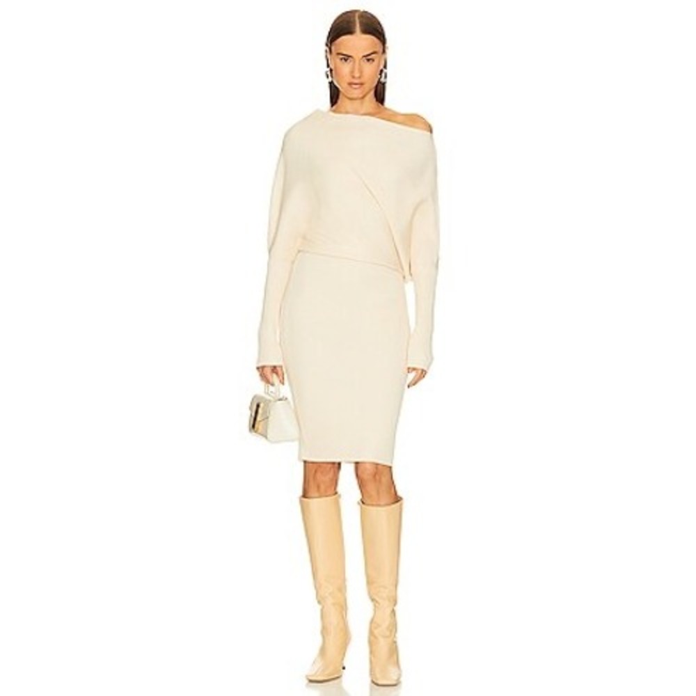Steve Madden Cream Ribbed Batwing Knit Midi Dress Womens Medium Beige Boat Neck